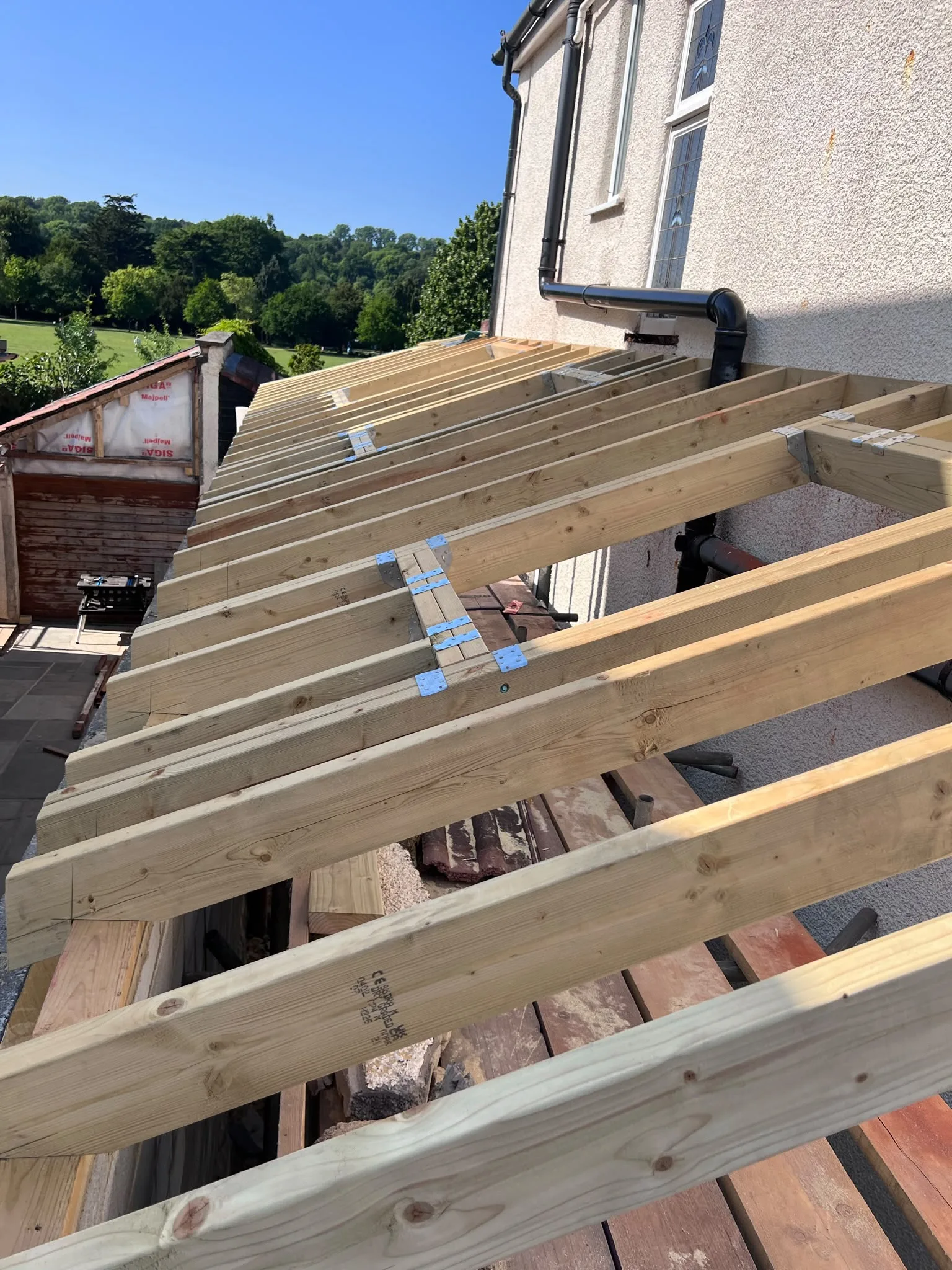 New flat-roof timber frame with C24-graded joists spaced at 400mm centres, secured with galvanised joist hangers against an existing pebbledash wall