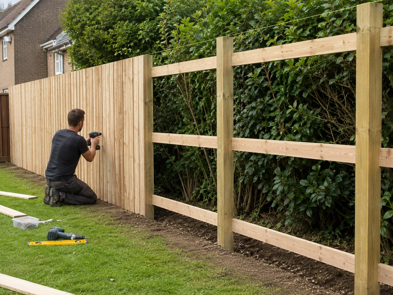 Carpenter fixing new closeboard timber fence panels against a tall hedge boundary, with fence posts and rails extending down the garden