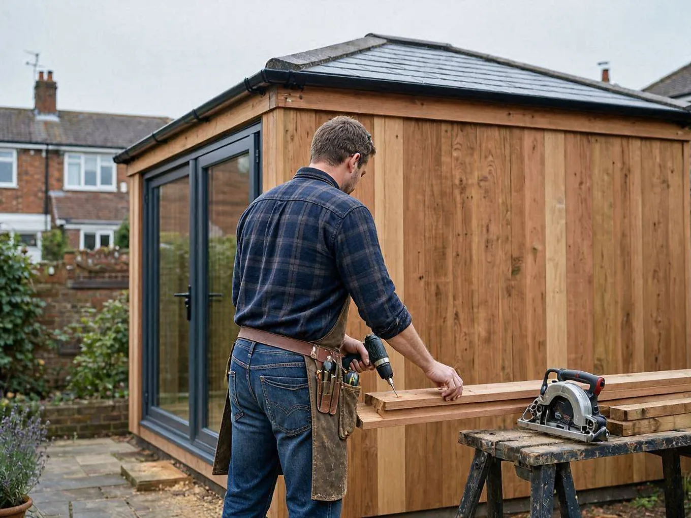 Carpenter fitting oak cladding boards to a garden room under construction, insulated frame and roof already in place