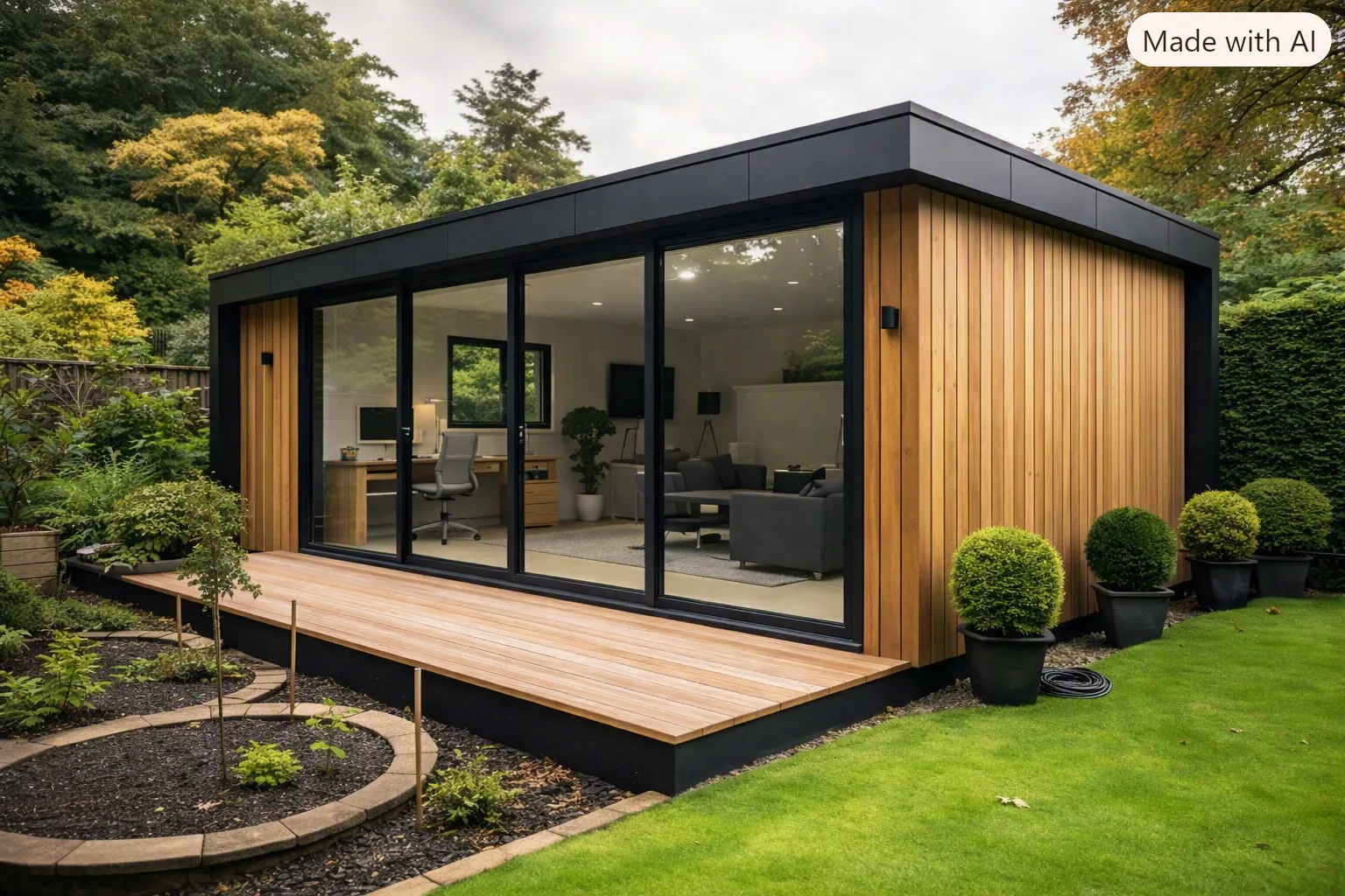 Completed garden office pod with cedar cladding and a hardwood deck, set in a landscaped Larkhall garden